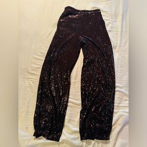 Express Black/rose gold high rise wide leg Sequin Pants size O short.